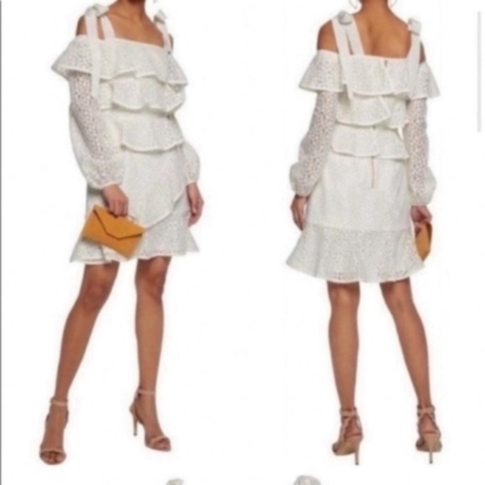 ✅ Rebecca Vallance Dress Farina Ruffle Tiered Mini Cold Shoulder White